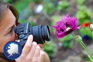 a female photographer photographing a flower close-up - with Alaska icon