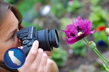 a female photographer photographing a flower close-up - with California icon