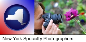 a female photographer photographing a flower close-up in New York, NY