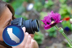 california map icon and a female photographer photographing a flower close-up
