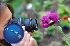 hawaii map icon and a female photographer photographing a flower close-up