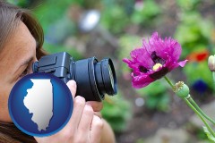 illinois map icon and a female photographer photographing a flower close-up