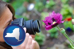 new-york map icon and a female photographer photographing a flower close-up