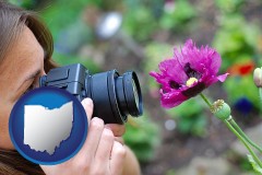 ohio map icon and a female photographer photographing a flower close-up