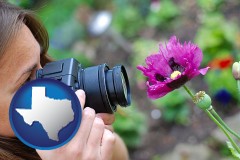 texas map icon and a female photographer photographing a flower close-up